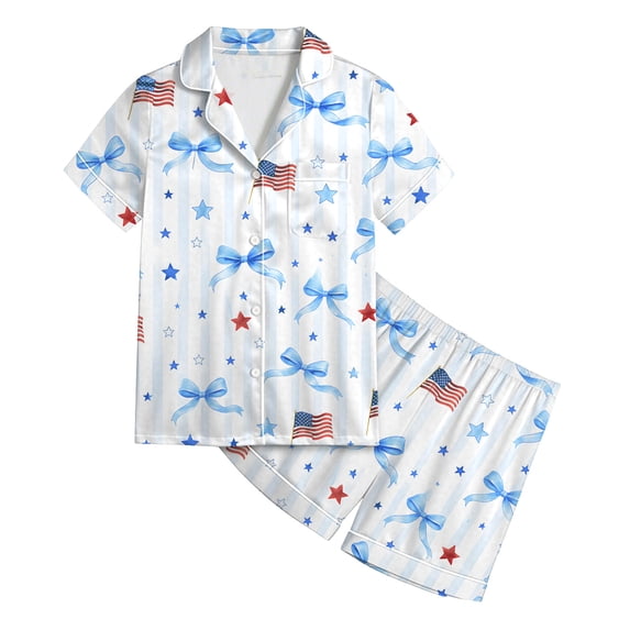 Weebloom Pajamas For Toddler Girls Cute Bow Independence Day Pajama For Kids Short Sleeve Button Down Tops And Shorts Outfit 2T-8T Sleepwear Nightwear Pjs Loungewear White 4-5 Years