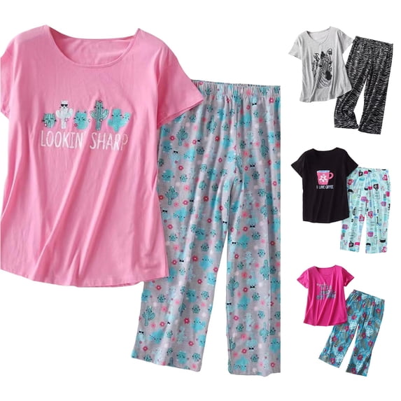 Weebloom Pajamas Women Capri Pajamas For Set Cotton Pajamas Set Short Sleeve Tops Capri Pants Plus Sleepwear Nightwear Pjs Loungewear Pink Xl
