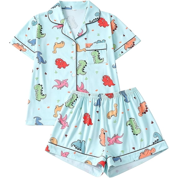 Weebloom Pajamas for Women Dinosaur Graphic Short Sleeve Button Up Shirts and Shorts Summer Fall 2 Piece Set Comfy Sleepwear,Size S-2Xl