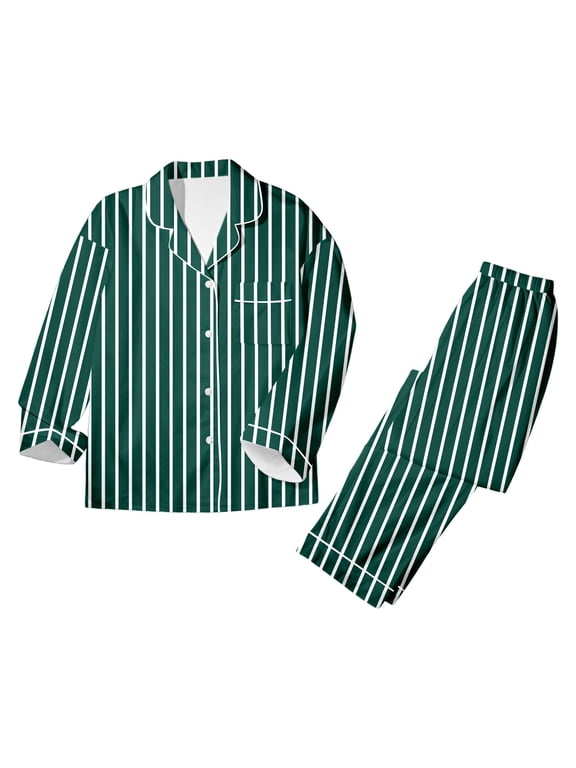 Pajamas for Women Set Silk Satin Striped Long Sleeve Button Up Tops and Pants Fall Winter 2 Piece Set Soft Pjs Sleepwear,Size S-3Xl