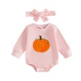 thumbnail image 1 of Weebloom Pumpkin Baby Boy Girl Halloween Outfits Long Sleeve Bodysuit With Embroidery Headband Infant Clothes,Size 0-3 Months, 1 of 8