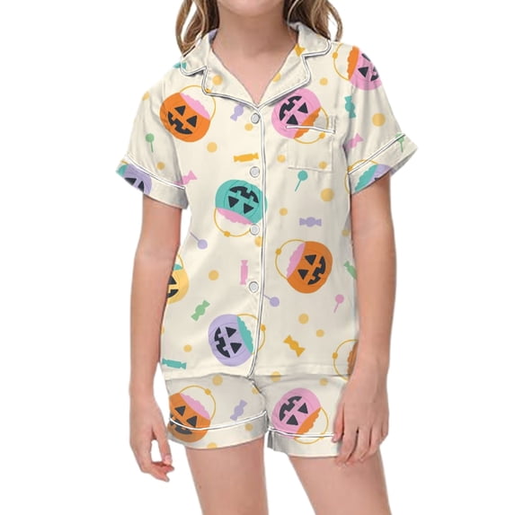 Weebloom Soft Halloween Pajama Set For Little Girl Silk Satin Pumpkin Short Sleeve Button Up Shirts And Shorts Summer Fall 2 Piece Set Pjs Jammies
