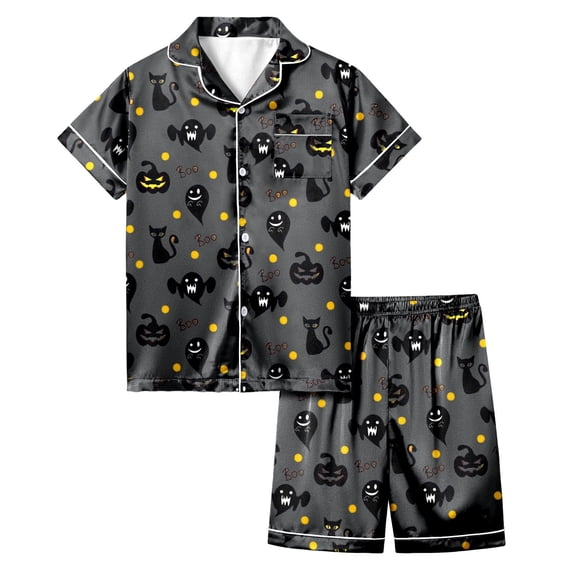Weebloom Soft Halloween Pajama Set For Teen Girl Silk Satin Pumpkin Short Sleeve Button Up Tops And Shorts Summer Fall 2 Piece Set Pjs Sleepwear