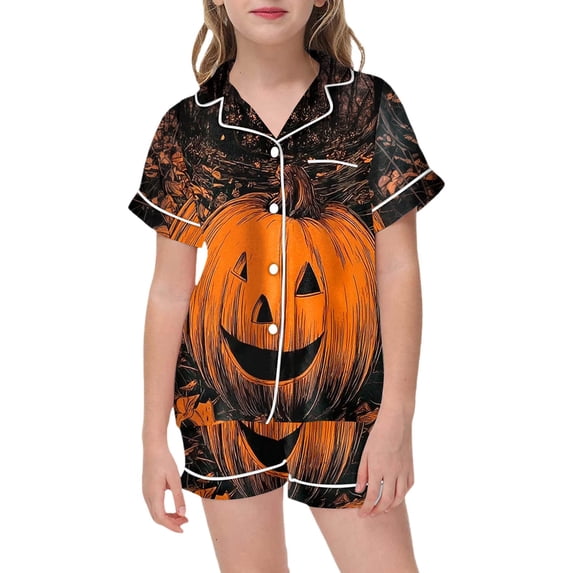 Weebloom Soft Halloween Pajama Set For Toddler Girl Silk Satin Pumpkin Short Sleeve Button Up Tops And Shorts Summer Fall 2 Piece Set Pjs Loungewear