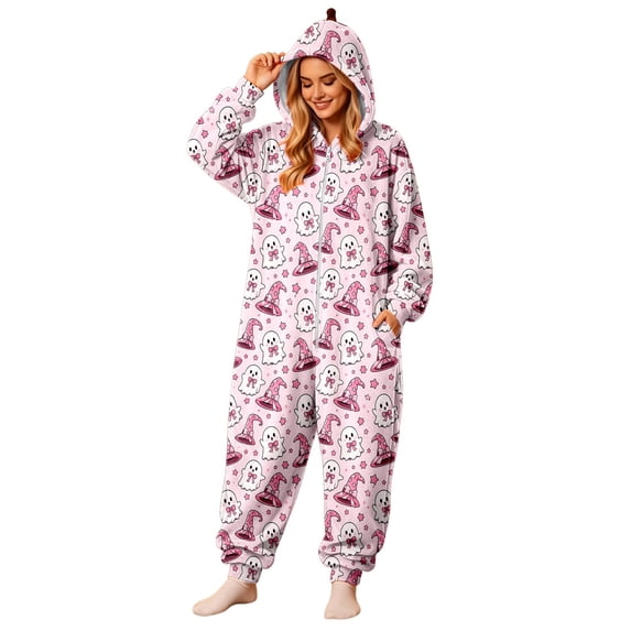 Weebloom Soft Halloween Pajama Set for Women Onesie Flannel Graphic Jumpsuit Fall Winter Soft Pjs Loungewear,Size S-Xl