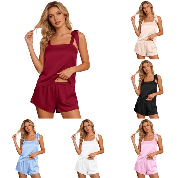 Weebloom Soft Pajamas For Women Satin Camisole Short Pajama Bow Tie Shoulder Bandeau Tops Bride Party Sleepwear Nightwear Pjs Loungewear L