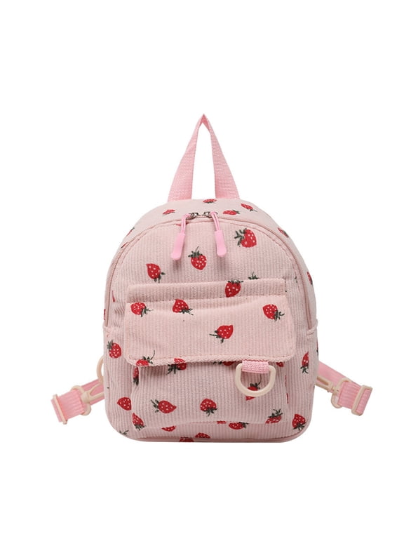 Strawberry School Backpack For Kids Boys Girls Cute Adorable Printed Corduroy Lightweight Outdoor Travel Bookbag Preschool Kindergarten Pink
