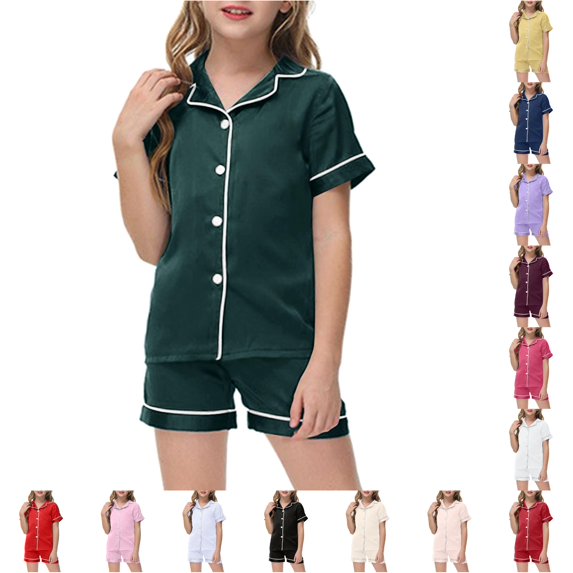 Weebloom Summer Pajamas For Teen Girls Little Baby Boys Pajamas Set Silk Kids Short Sleeves 2 Piece Button Down Classic Shorts Tween Sleepwear Nightwear Pjs Loungewear Dark Green 10-11 Years