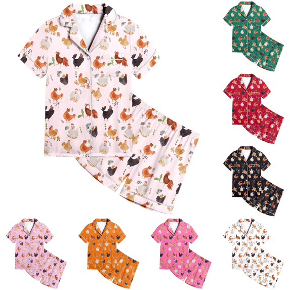 Weebloom Summer Pajamas For Toddler Girls Animal Chicken Pattern Kids Boys Pattern Printed Short Sleeve Button Down Pajamas Shorts Set Outfits Sleepwear Nightwear Pjs Loungewear 4-5 Years