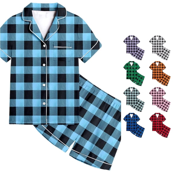 Weebloom Summer Pajamas For Toddler Girls Kids Boys Pattern Printed Short Sleeve Button Down Pajamas Shorts Set Outfits Sleepwear Nightwear Pjs Loungewear Sky Blue 2-3 Years