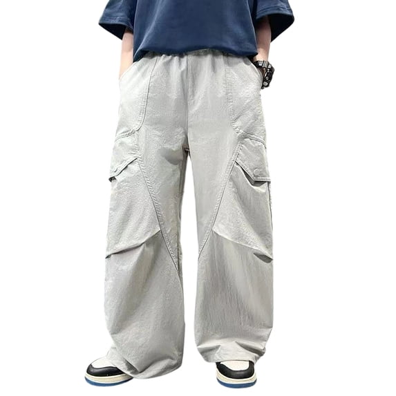 Weebloom Boy Barrel Pants Wide Leg Cargo Pants For Casual High Waisted Loose Fit With Pockets Casual Pants For Kids Trousers Light Gray 13-14 Years
