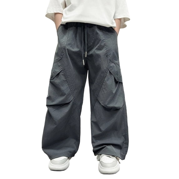 Weebloom Boys' Barrel Pants Wide Leg Cargo Pants For Casual High Waisted Loose Fit With Pockets Casual Pants For Kids Trousers Dark Gray 13-14 Years