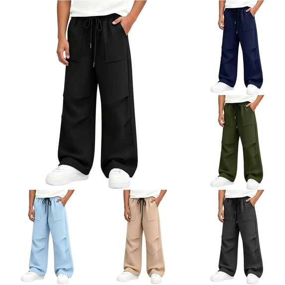 Weebloom Boys' Sweatpants Kids Athletic Running Pants Wide Leg Baggy Elastic Waist Joggers Pants With Pockets 5-16 Years Trousers Black 11-12 Years