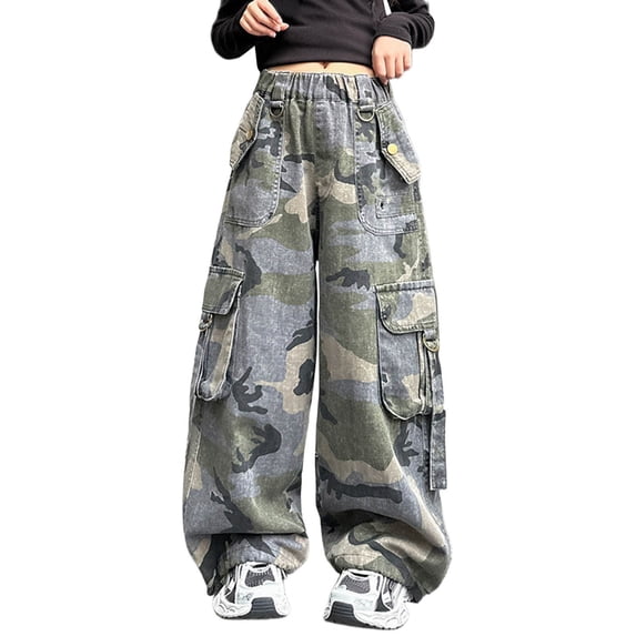 Weebloom Teen Girl Cargo Pants Camo Wide Leg Sweatpants Street Dance Style Casual Joggers For Loose Fit Hop Fashion Pants With Pockets For Teenage Girls Trousers Camo 13-14 Years