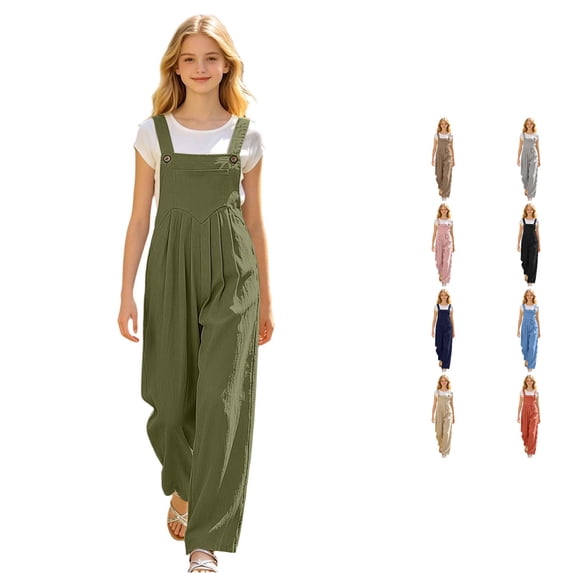 Weebloom Teen Girl Overalls Kids Jumpsuit Casual Long Pants Mid Waist Solid Color Cotton Overalls Trousers For Daily Wear Dark Green 12-13 Years
