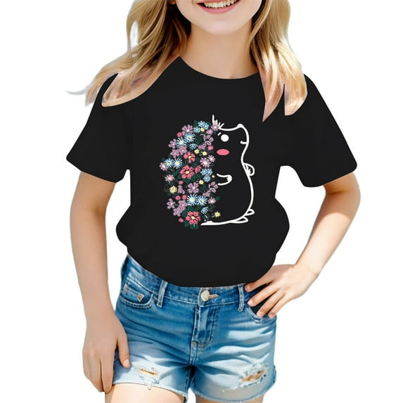 Weebloom Teen Girl Shirts Kid Girls Cute Cat Graphic Round Neck Short Sleeve Tee Casual T Shirt Girl Fashion Tops 11-12 Years