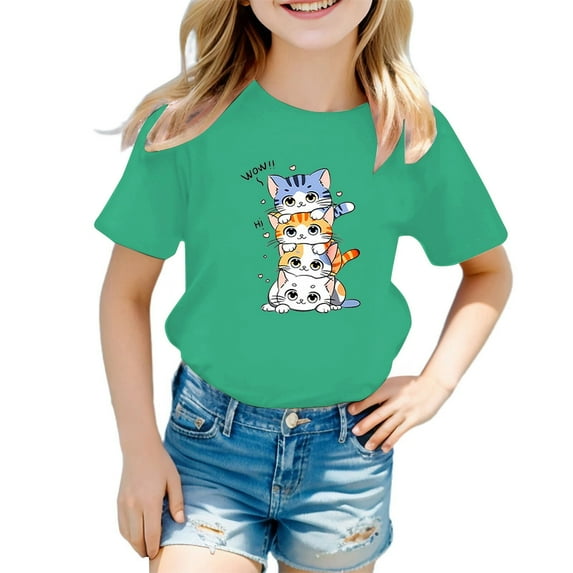 Weebloom Teen Girl Shirts Kid Girls Cute Cat Graphic Round Neck Short Sleeve Tee Casual T Shirt Girl Fashion Tops 11-12 Years