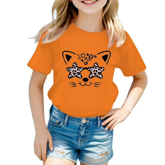 Weebloom Teen Girl Shirts Kid Girls Cute Cat Graphic Round Neck Short Sleeve Tee Casual T Shirt Girl Fashion Tops 7-8 Years