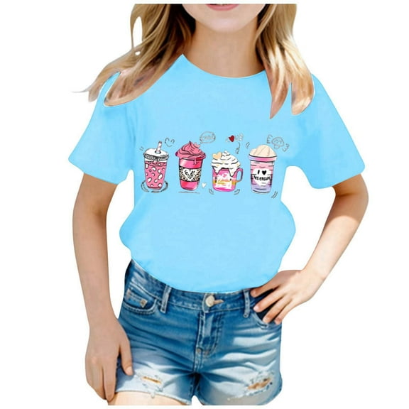 Weebloom Teen Girl Shirts Kid Girls Cute Cat Printed Round Neck Short Sleeve Personality Tee Casual Loose T Shirt Tops Trendy 2-4 Years