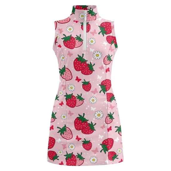 Weebloom Teen Girls Golf Tennis Dress Zip Up Stand Collar Strawberry Print Casual Quick Dry Athletic Dress Girls Dress Pink 10-11 Years