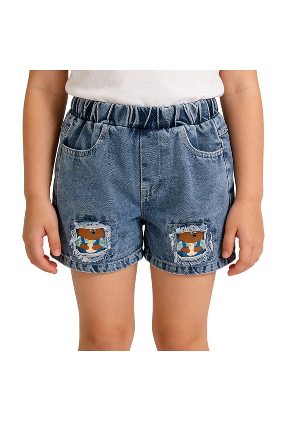 Teen Girls Jean Shorts With Cute Bear Print Distressed Casual Summer Elastic Waist Outdoor Play Shorts Denim Shorts For Teen Girls 4-5 Years