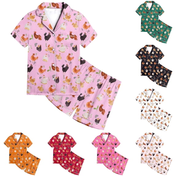 Weebloom Girls' Pajama Sets Animal Chicken Pattern Kids Boys Pattern Printed Short Sleeve Button Down Pajamas Shorts Set Outfits Tween Sleepwear Nightwear Pjs Loungewear Pink 12-13 Years
