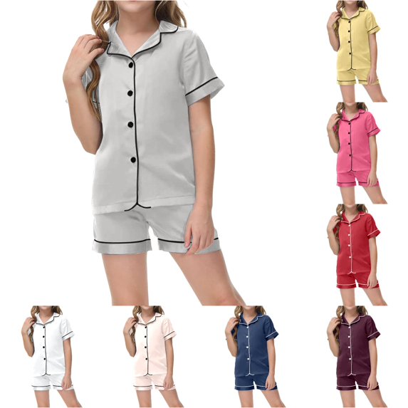 Weebloom Girls Pajamas Boys Short Short Sleeve Button Down Tops And Shorts Casual Outfits Tween Sleepwear Nightwear Pjs Loungewear Grey 12-13 Years