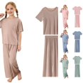 thumbnail image 1 of Weebloom Girls Pajamas Summer Outfits Soft Ribbed Round Neck Short Sleeve Long Pants Set Casual For And Kids Tween Sleepwear Nightwear Pjs Loungewear Khaki 10-12 Years, 1 of 6
