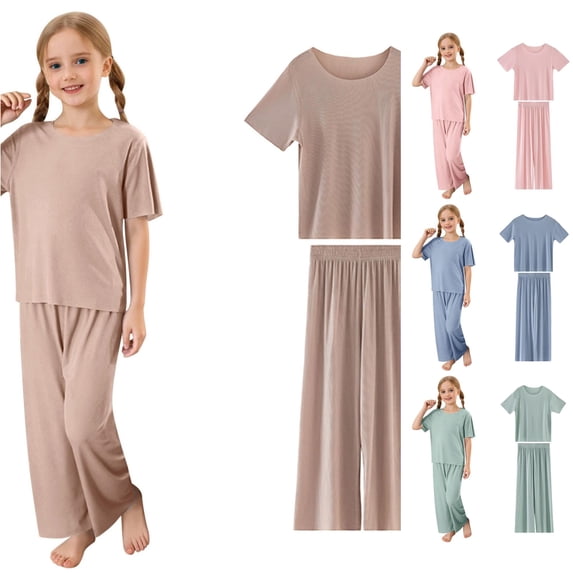 Weebloom Girls Pajamas Summer Outfits Soft Ribbed Round Neck Short Sleeve Long Pants Set Casual For And Kids Tween Sleepwear Nightwear Pjs Loungewear Khaki 10-12 Years