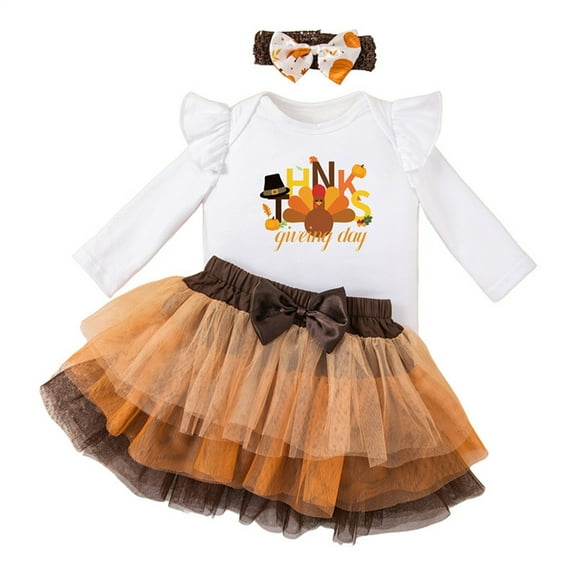Weebloom Thanksgiving Baby Girl Outfit Bodysuit Tutu Skirt Headband Set Clothes Sets Outfits White 12-18 Months