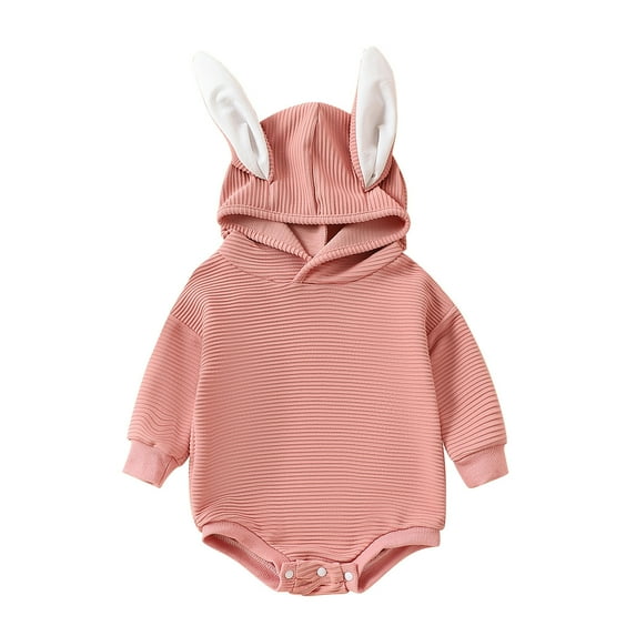 Weebloom Toddler Baby Boy Girl Easter Outfit Infant Newborn Bunny Ear Hooded Jumpsuit Corduroy Cute Suspender Long Sleeve Bodysuit Girls Holiday Romper Pink 12-18 Months