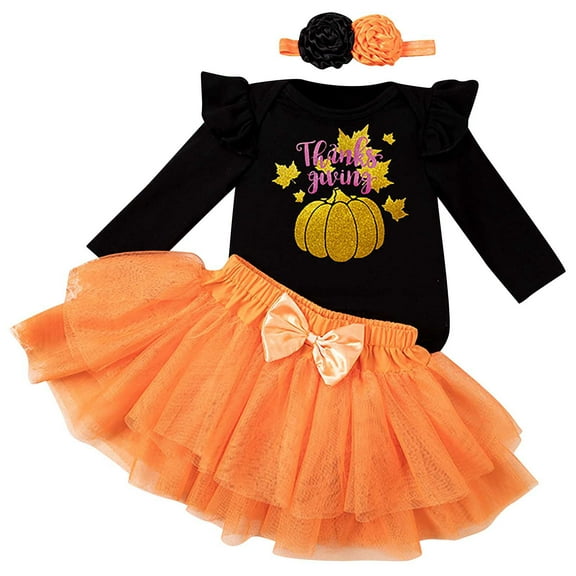 Weebloom Toddler Girl Halloween Outfits Kids Outfit Hallowmas Pumpkins Letters Prints Romper Skirt Hairband 3Pcs Set Dailywear 1-3 Months Light Yellow