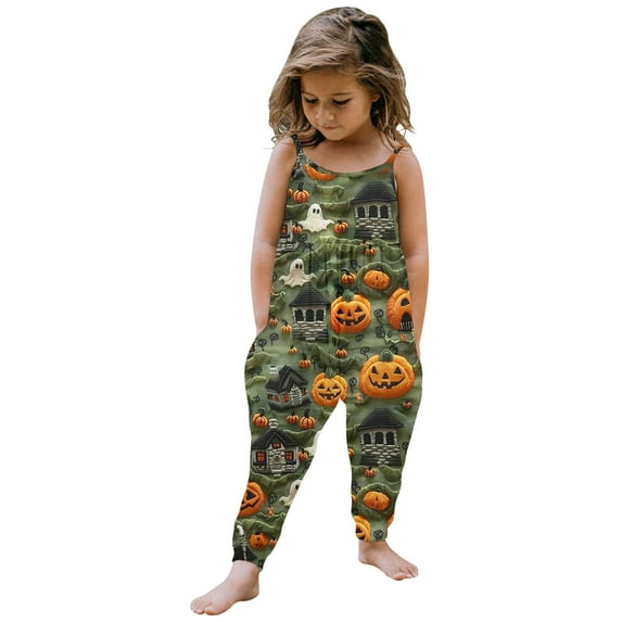Weebloom Toddler Girl Halloween Romper Baby Pumpkin Prints Jumpsuit Sleeveless Outfits Clothes Soft Onesie,Dark Green