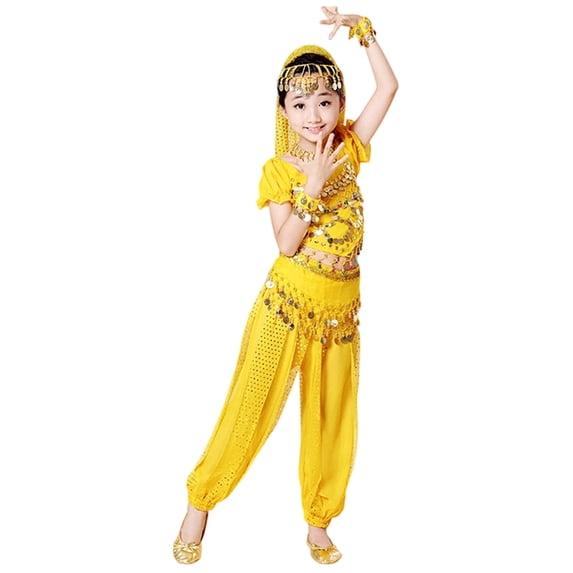 Weebloom Toddler Girl Outfit Dance Performance Outfit Belly Dance Ethnic Practice Dress Children Folk Dance Wear Design Girl Clothes Set Size 7-8 Years Yellow