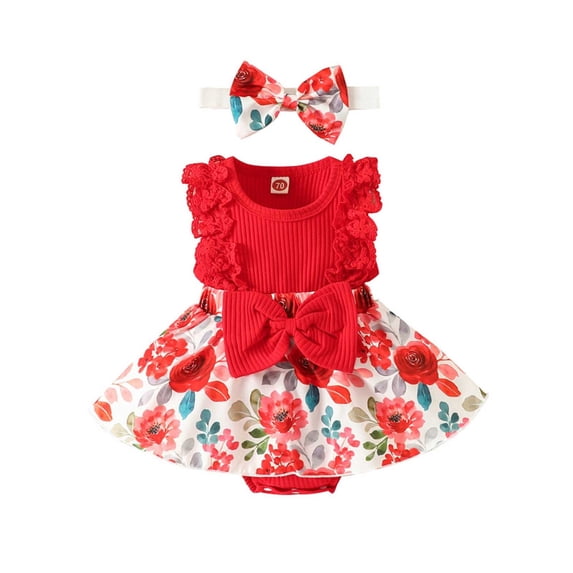 Weebloom Toddler Girl Outfits Sleeveless Lace Trim Tank Jumpsuit 0-1 Year Old Flower Bow Dress Headband Girls Romper Red 3-6 Months