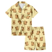 WEEBLOOM Toddler Girl Pajamas Outfits Short Sleeve Shorts Set Cute Capybara Print Elastic Waist Playwear Outdoor Teen Trendy Loungewear,3-4 Years