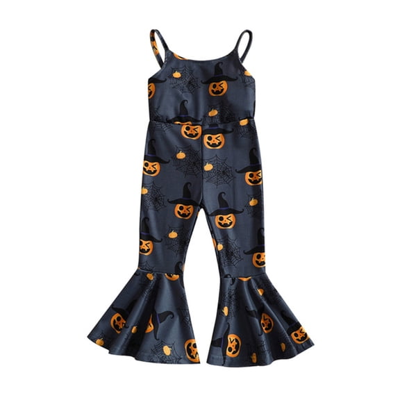 Weebloom Toddler Girl Romper Halloween Kids Ribbed Jumpsuit Pants 2 Colors Pumpkin Sleeveless Strap Flare Pants Bell Bottom Playsuit Dailywear,3-4 Years