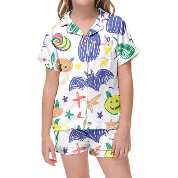 Weebloom Toddler Girls Halloween Pajama Set Silk Satin Bat Short Sleeve Button Up Tops And Shorts Summer Fall 2 Piece Set Pjs Jammies