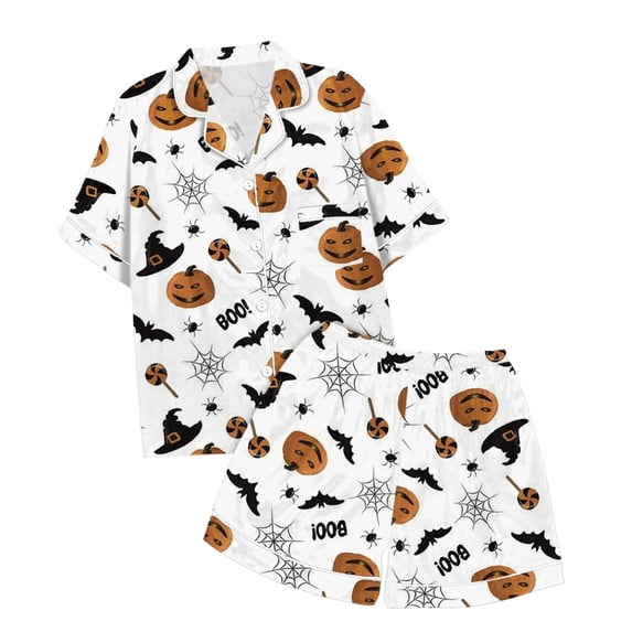Weebloom Toddler Girls Halloween Pajama Set Silk Satin Cute Graphic Short Sleeve Button Up Shirts And Shorts Summer Fall 2 Piece Set Pjs Jammies