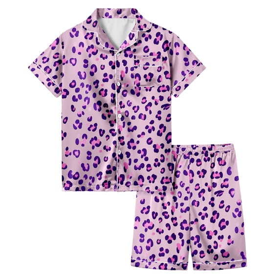 Weebloom Toddler Girls Pajama Sets Silk Satin Leopard Short Sleeve Button Up Tops And Shorts Summer Fall 2 Piece Set Pjs Jammies