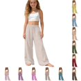thumbnail image 1 of Weebloom Toddler Girls Wide Leg Pants Uniform Dress Pants Cotton Linen Stylish Casual Pants Soft Elastic Waist Outdoor School Trousers Beach Pants With Pockets Beige 4-5 Years, 1 of 6