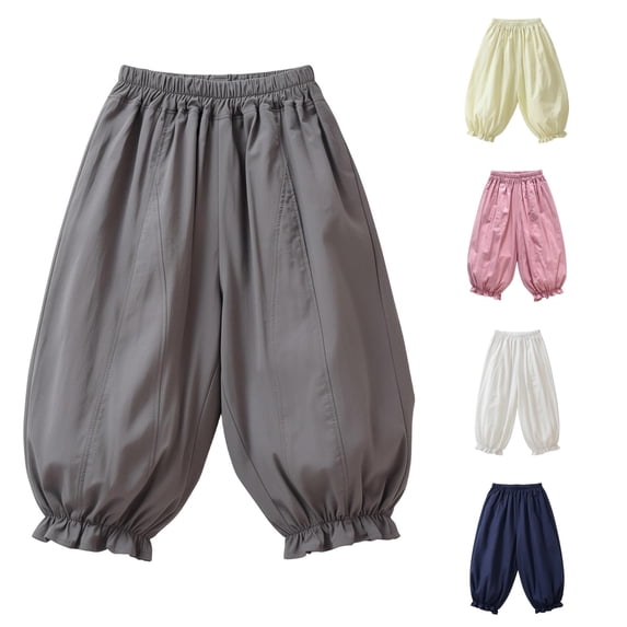 Weebloom Toddler Little Girl Summer Casual Pants Elastic Waist Lace Pants Long Trousers For Kids Grey 8-9 Years