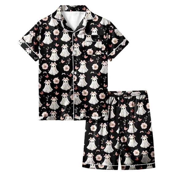 Weebloom Tween Girl Halloween Pajama Sets Silk Satin Cute Graphic Short Sleeve Button Up Tops And Shorts Summer Fall 2 Piece Set Pjs Loungewear