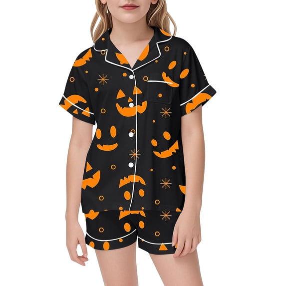 Weebloom Tween Girls Halloween Pajamas Silk Satin Pumpkin Short Sleeve Button Up Shirts And Shorts Summer Fall 2 Piece Set Pjs Jammies