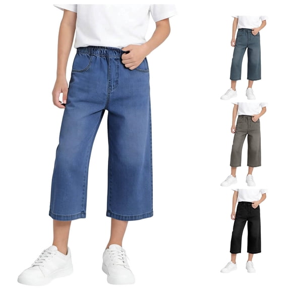 Weebloom Wide Leg Jeans For Girls Casual Denim Capri Pants Stretch Comfort Kids Cargo Joggers With Pockets Denim Pants Blue 9-10 Years