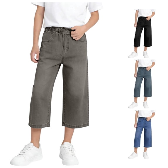 Weebloom Wide Leg Jeans For Girls Casual Denim Capri Pants Stretch Comfort Kids Cargo Joggers With Pockets Denim Pants Grey 9-10 Years