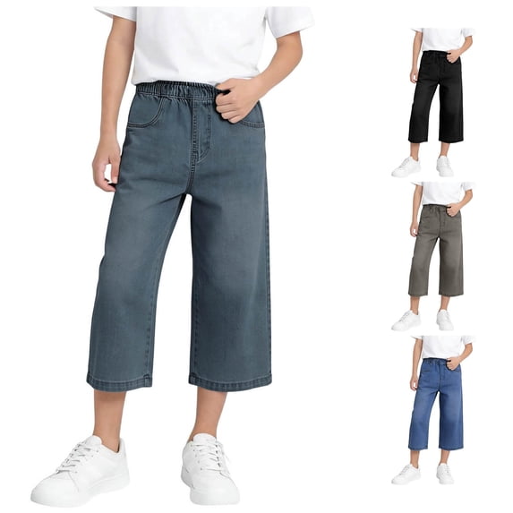 Weebloom Wide Leg Jeans For Little Girls Casual Denim Capri Pants Stretch Comfort Kids Cargo Joggers With Pockets Denim Pants Dark Blue 5-6 Years