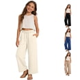 thumbnail image 1 of Weebloom Wide Leg Pants For Little Girls Uniform Dress Pants Cotton Linen Classic Solid Color Casual Pants Boys Elastic Waist Trousers Kids Beach Pants With Pockets Beige 8-9 Years, 1 of 6