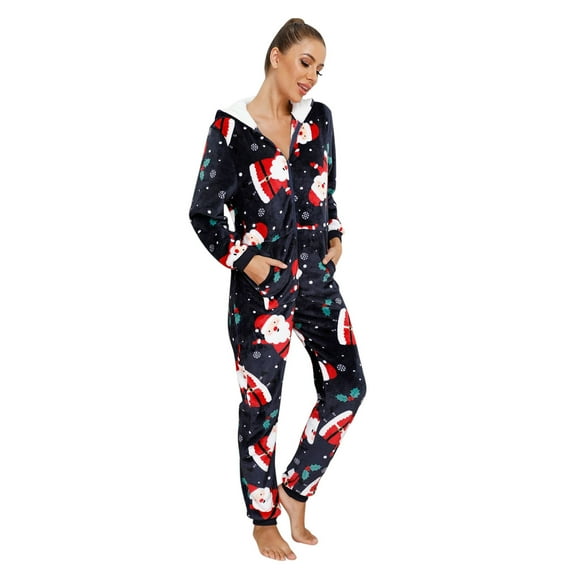 Weebloom Women Christmas Pajamas Xmas Hooded Jumpsuit Rompers Clubwear Plush Onesie Homewear Pajama Navy L
