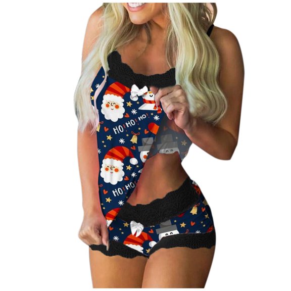Weebloom Women Christmas Pajamas Xmas Print Sleeveless Lace Cami Shorts Set Pj'S Loungewear Blue S